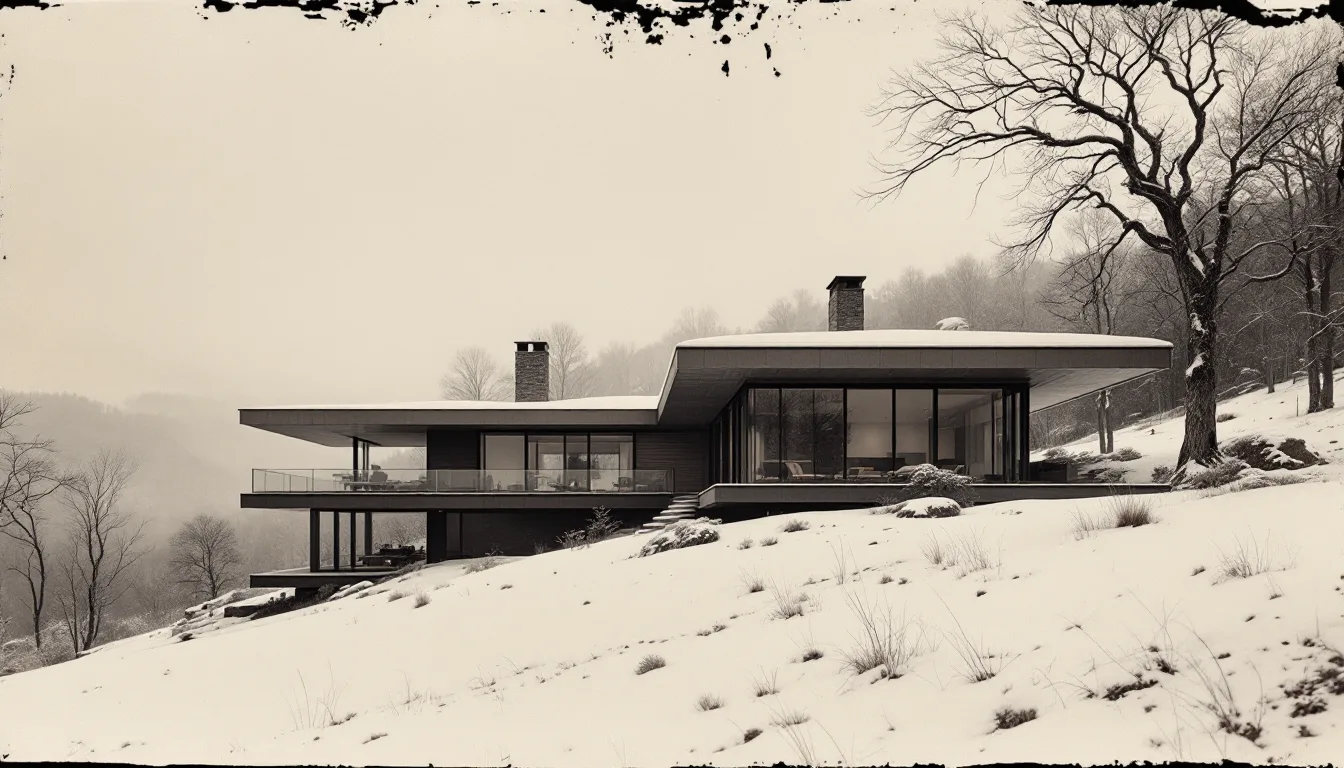 Tintype-style render of a low modern house with a long roof on a snowy hillside