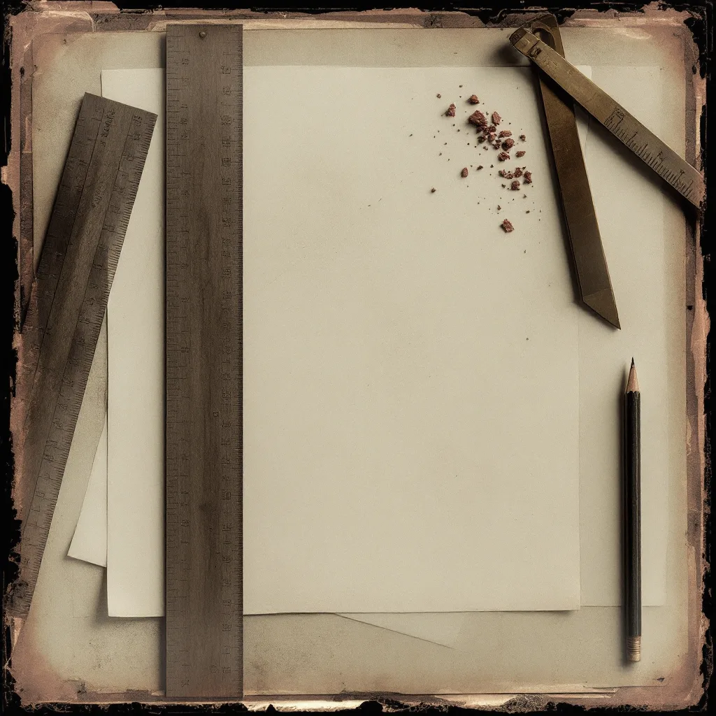 Tintype-style still life of a scale ruler, tracing vellum and brass dividers